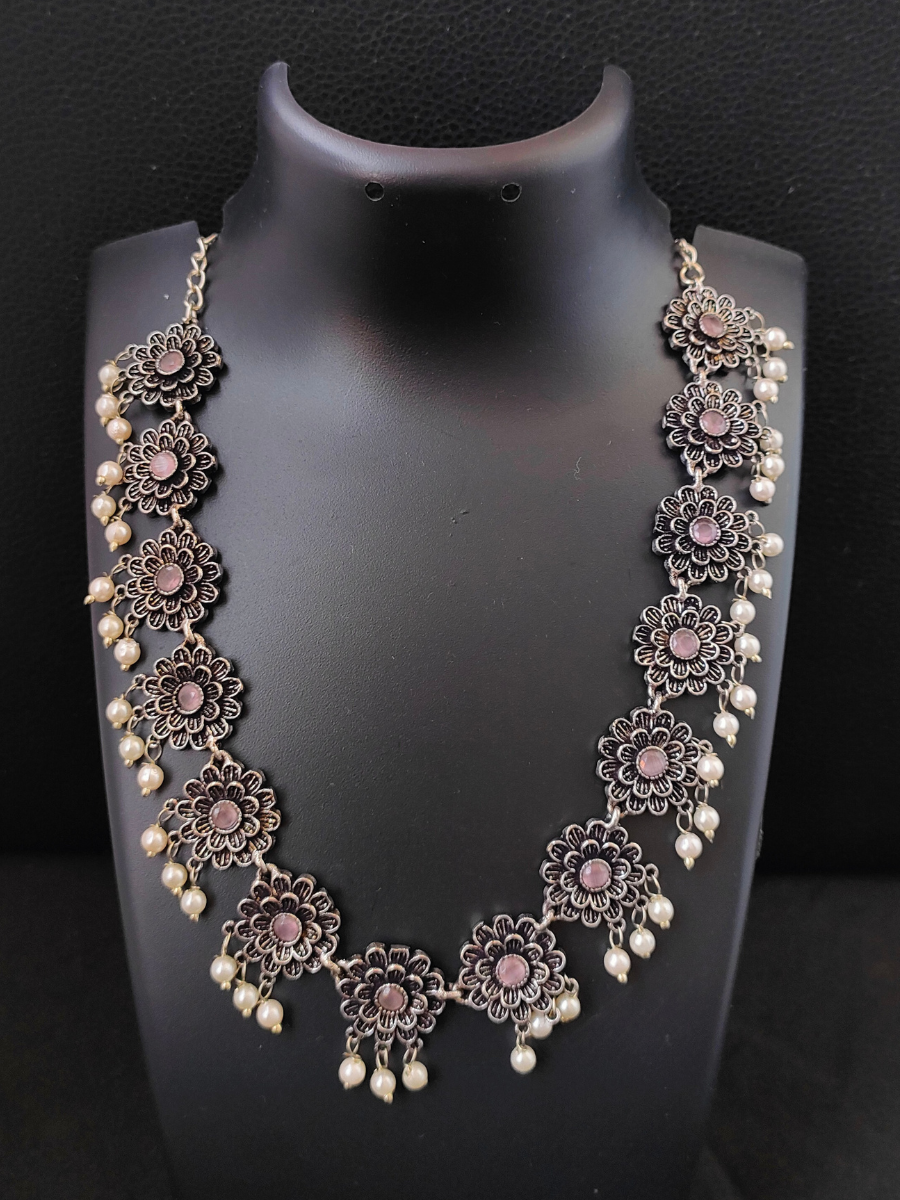 Light Pink Oxidised Silver Choker Necklace