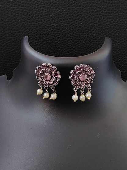 Light Pink Flower Shaped Oxidised Silver Earrings