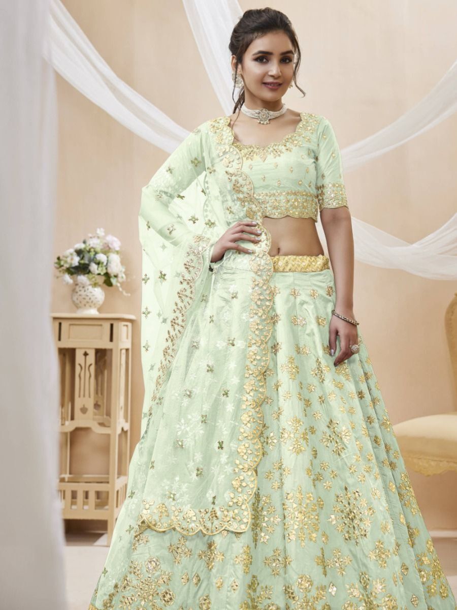 Art Silk Pista Green Colour Embroidered Lehenga Choli with Dupatta