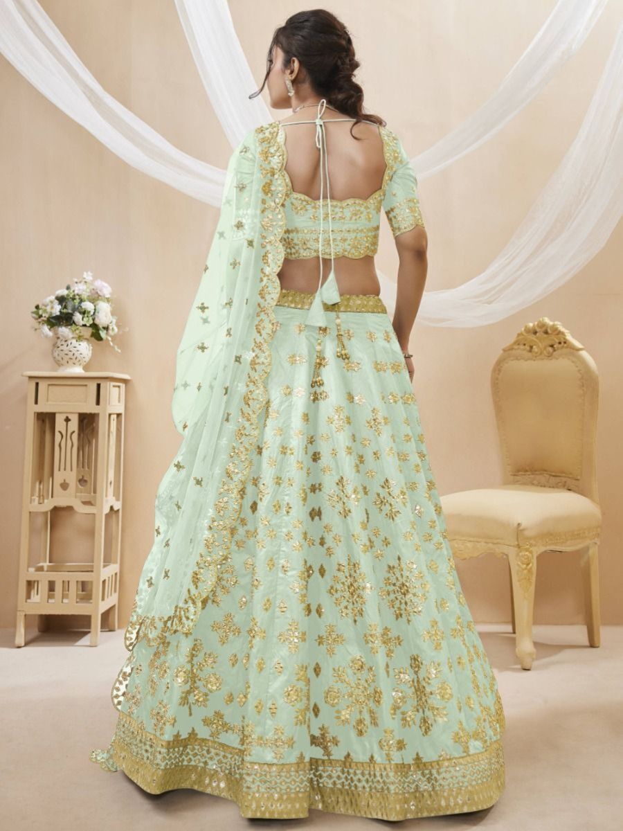 Art Silk Pista Green Colour Embroidered Lehenga Choli - Back Side