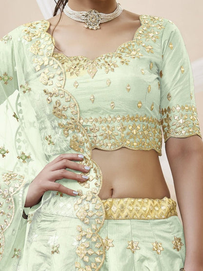 Art Silk Pista Green Colour Embroidered Lehenga Blouse - Front Neck Design