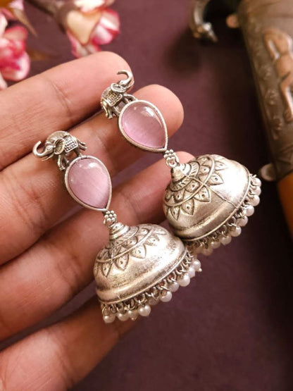 Baby Pink Monalisa Stone Elephant Big Jhumka Earrings