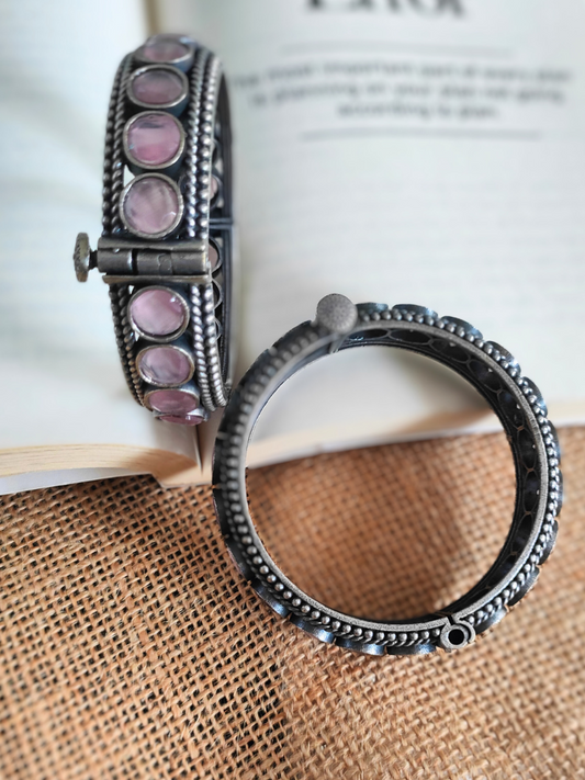 Buy Baby Pink Round Stone German Silver Oxidised Bangle - TheJewelbox