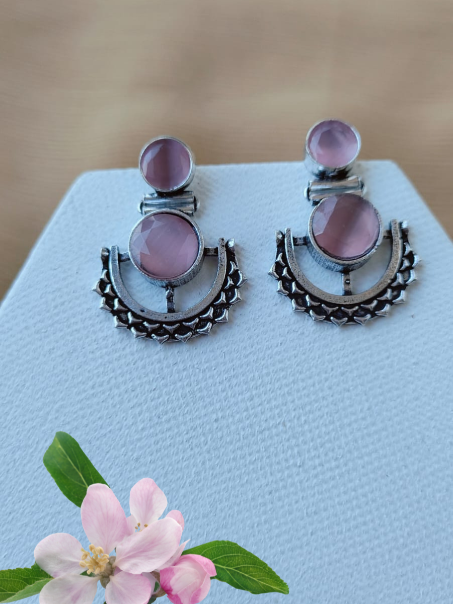 Baby Pink Stone Studded Oxidised Silver Dangler Earrings