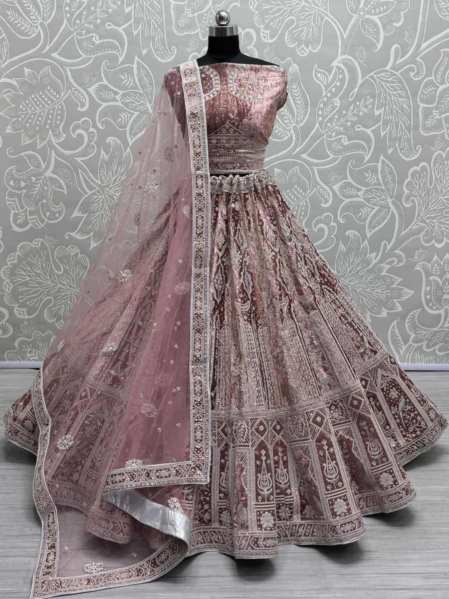 Buy Baby Pink Thread Work Velvet Bridal Wedding Lehenga Choli Online - AllThingsAboutWedding