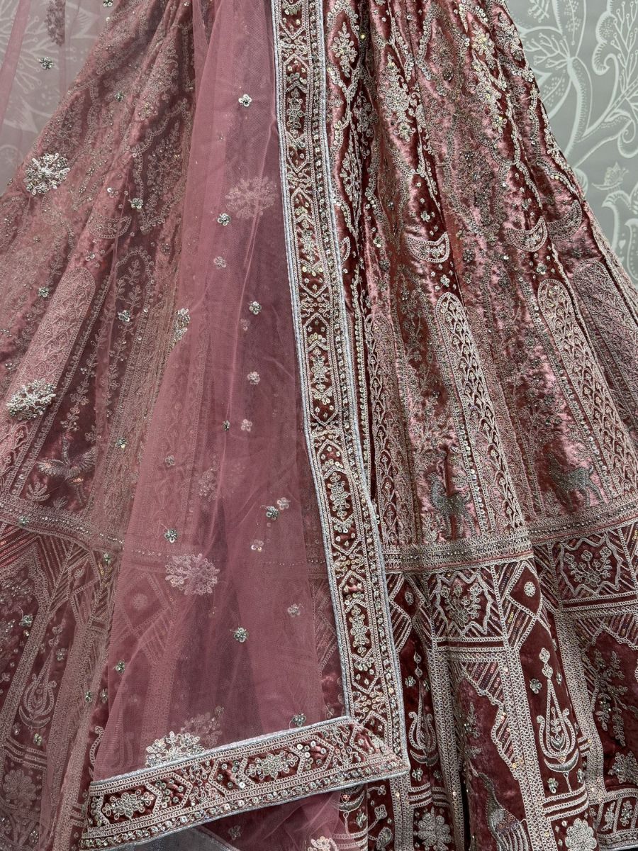 Baby Pink Thread Work Velvet Bridal Wedding Lehenga Choli