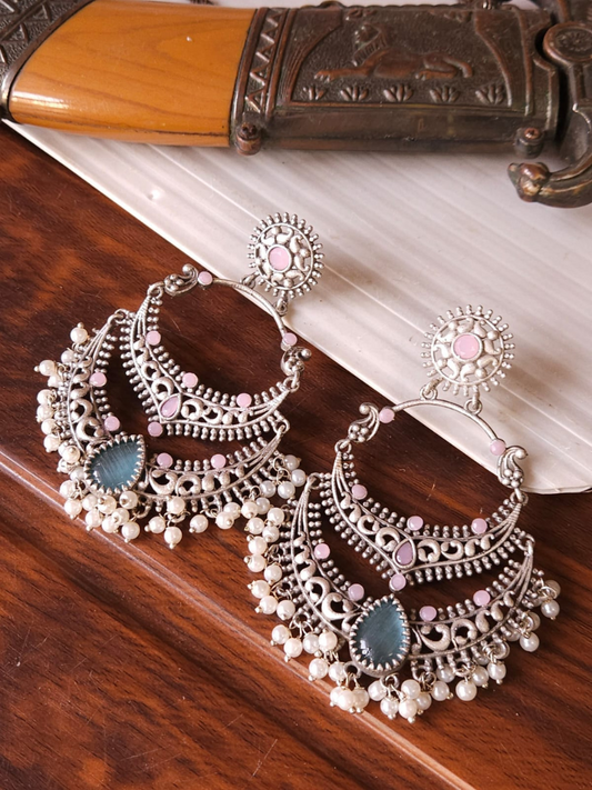 Buy Baby Pink and Blue Stone German Silver Oxidised Chandbali Earrings - TheJewelbox