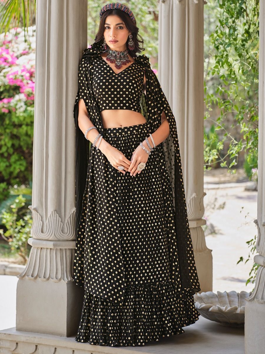 Buy Black Crushed Georgette Foil Printed Cape Sleeve Lehenga Choli Online - AllThingsAboutWedding