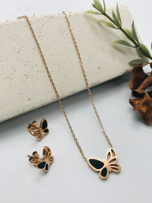 Buy Black Stone Butterfly Pendant Rose Gold Necklace with Earrings Online - TheJewelbox