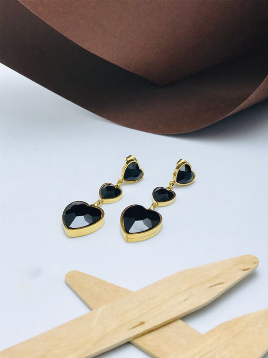 Buy Black Stone Studded Three of Hearts Golden Drop Earrings - TheJewelbox