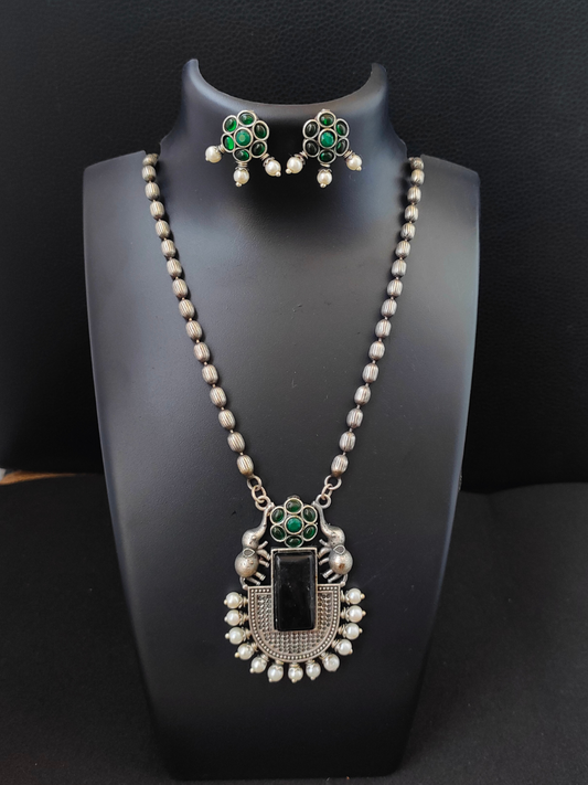 Buy Black and Green Elephant Style German Silver Oxidised Long Necklace Set - TheJewelbox