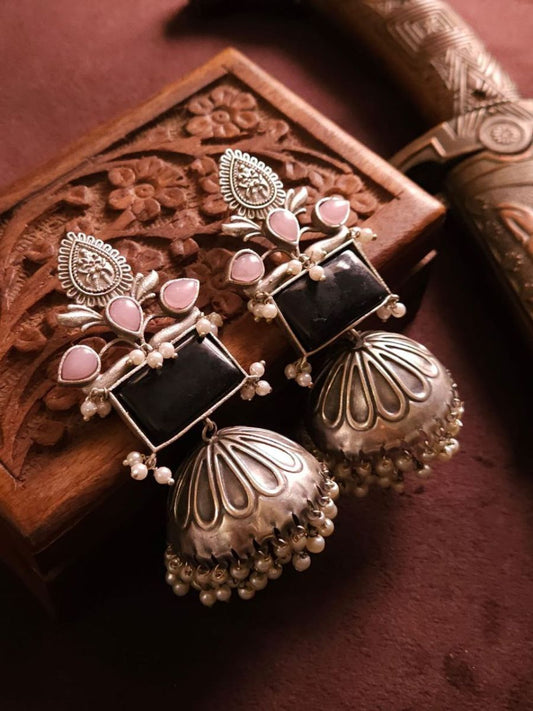 Buy Black and Pink Stones German Silver Oxidised Jhumka Earrings - TheJewelbox