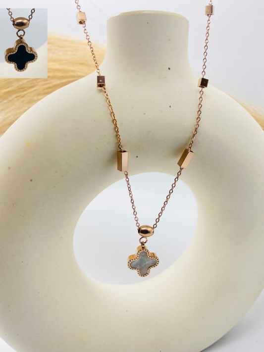 Black and White Clover Pendant Rose Gold Necklace - TheJewelbox