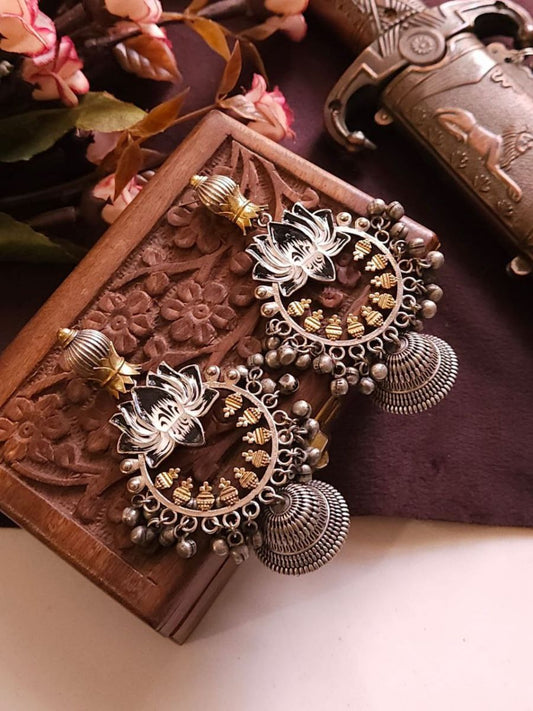 Buy Black and White Dual Tone Oxidised Lotus Jhumka Earrings - TheJewelbox