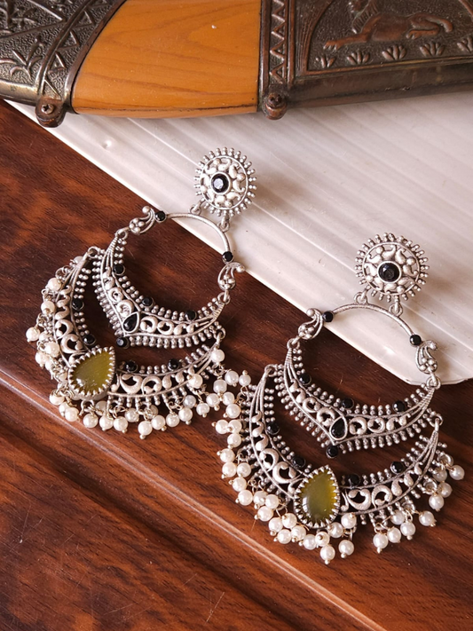 Buy Black and Yellow Stone German Silver Oxidised Chandbali Earrings - TheJewelbox