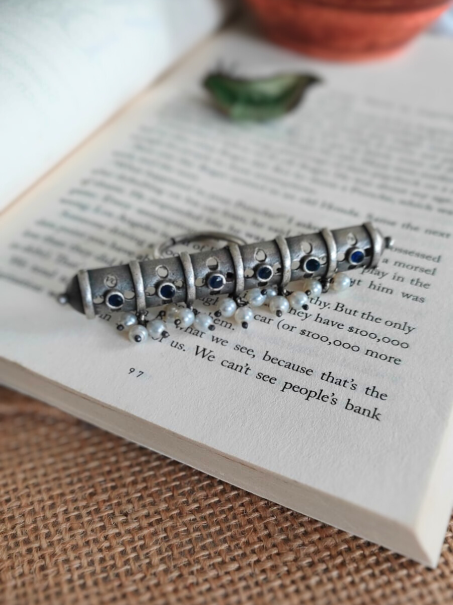 Blue Stone Studded Big Oxidised Silver Finger Ring - TheJewelbox