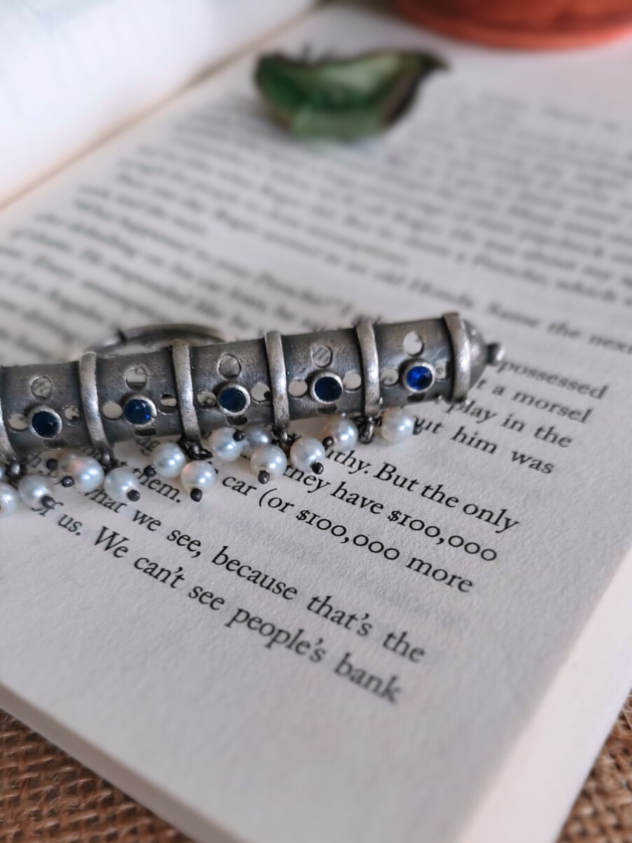 Blue Stone Studded Big Oxidised Silver Finger Ring