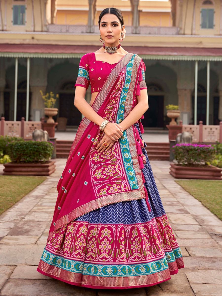 Blue and Pink Patola Printed Navaratri Silk Chaniya Choli with Dupatta