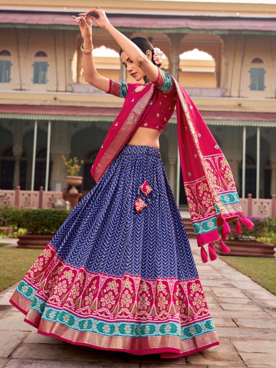 Blue and Pink Patola Printed Navaratri Silk Chaniya Choli - Flair