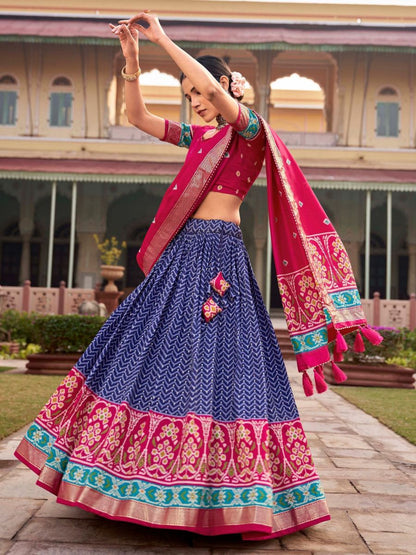 Blue and Pink Patola Printed Navaratri Silk Chaniya Choli - Flair