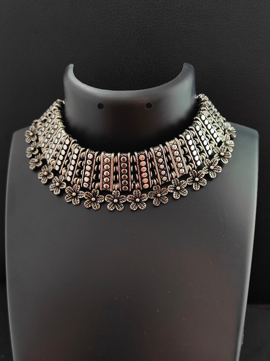 Classic Floral Hanging Oxidised Silver Choker Necklace