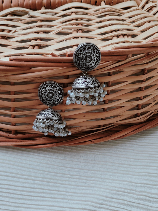 Buy Classic German Silver Oxidised Jhumka Earrings with Pearls - TheJewelbox