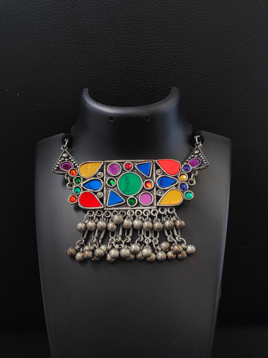 Colorful Stone Black Metal Afghani Choker Necklace