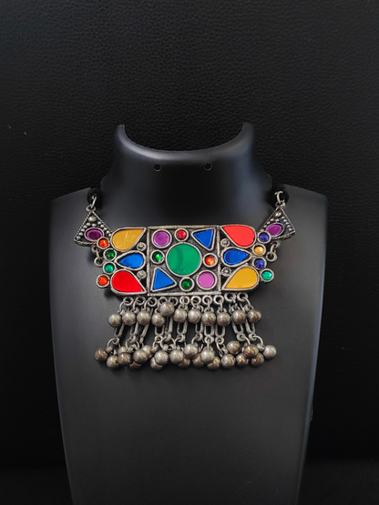 Colorful Stone Black Metal Afghani Choker Necklace