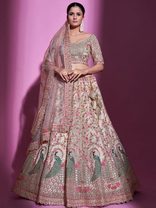 Buy Cream Colour Embroidered Bridal Net Lehenga Choli Online - AllThingsAboutWedding