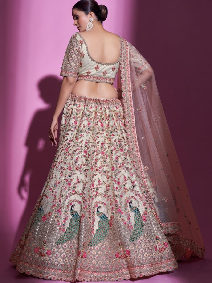 Cream Colour Embroidered Bridal Net Lehenga Choli - Back Side with Dupatta