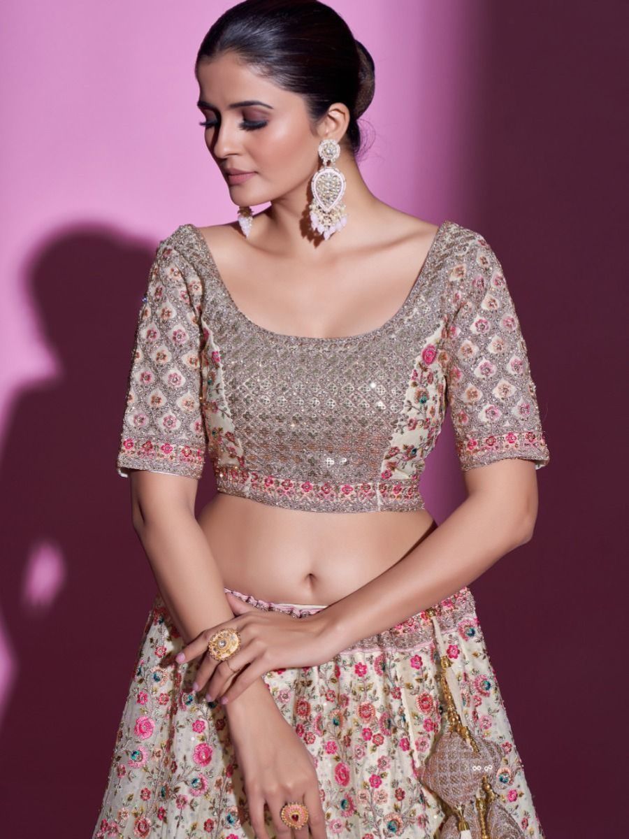 Cream Colour Embroidered Bridal Net Lehenga - Blouse Front Neck