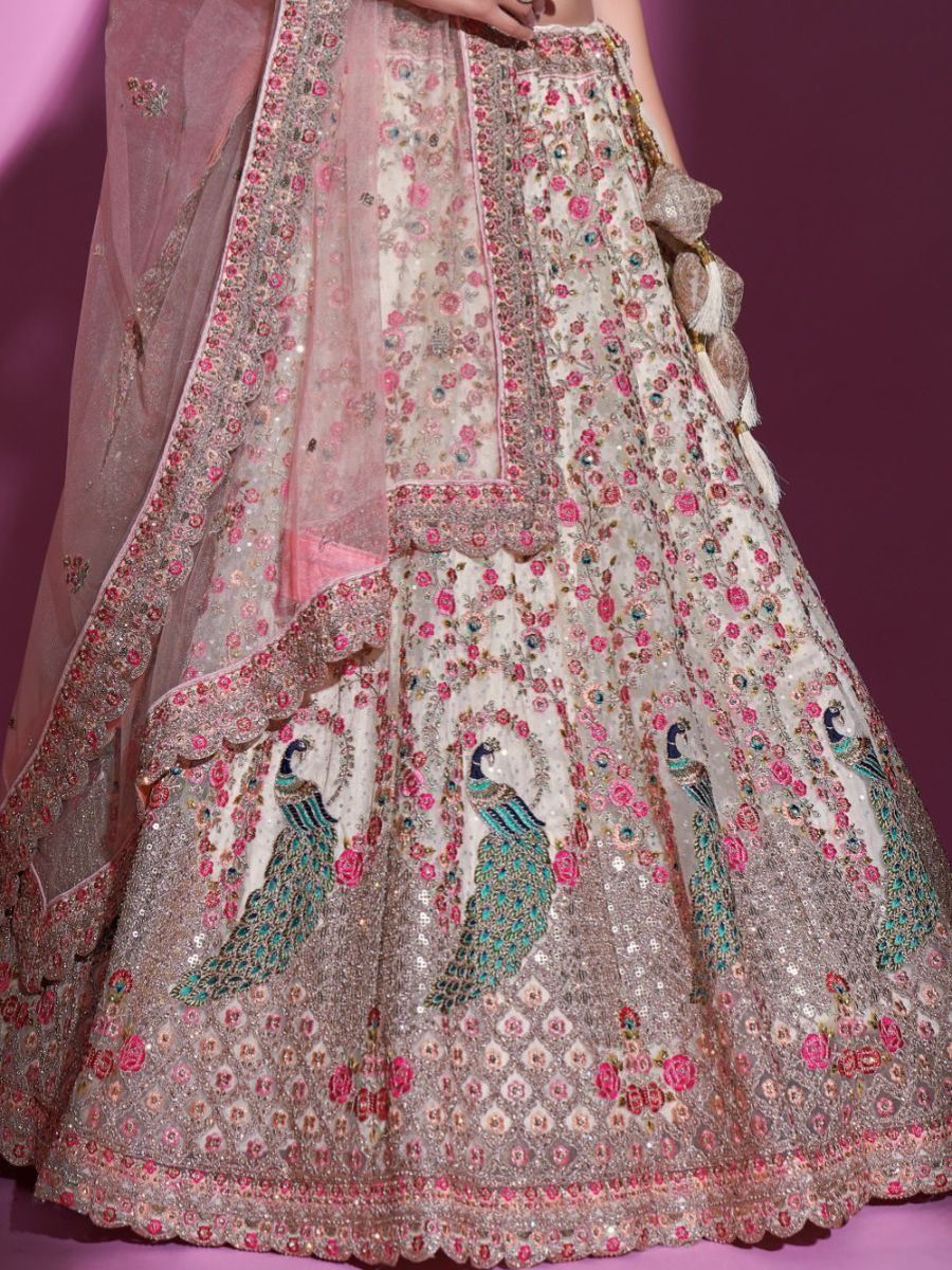 Cream Colour Bridal Net Lehenga Choli - Embrodiery Work