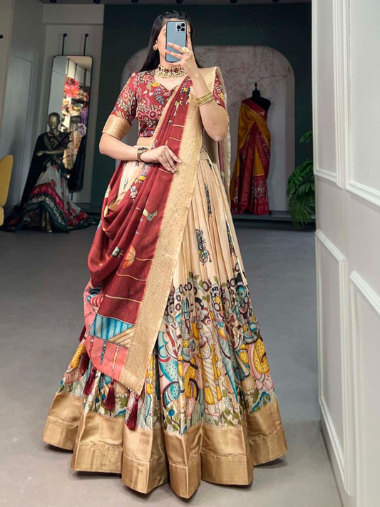 Buy Cream Colour Kalamkari Printed Dola Silk Lehenga Choli Online - AllThingsAboutWedding