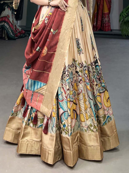 Cream Colour Dola Silk Lehenga Choli - Kalamkari Print