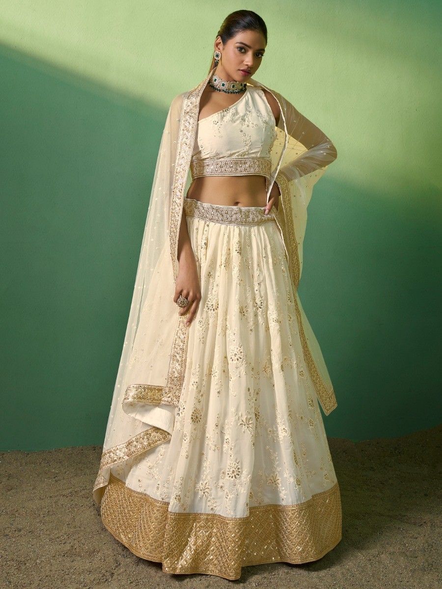 Buy Cream Embrodiered Georgette One Shoulder Party Lehenga Choli Online - AllThingsAboutWedding