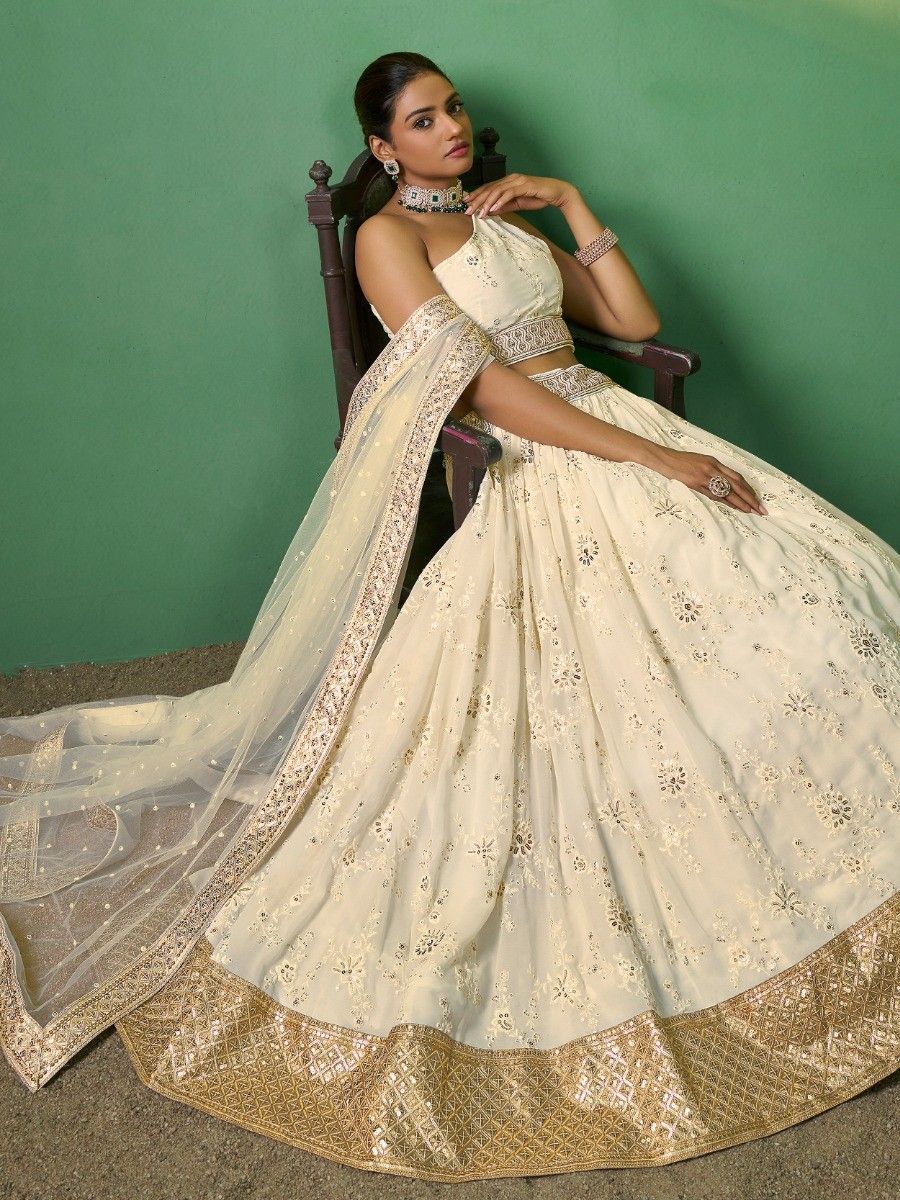 Cream Embrodiered Georgette One Shoulder Party Lehenga - Flair