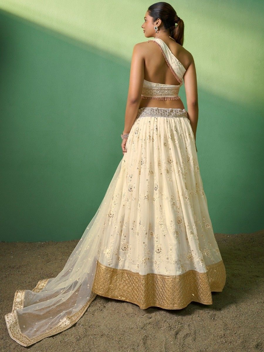 Cream Embrodiered Georgette One Shoulder Party Lehenga Choli - Back Side