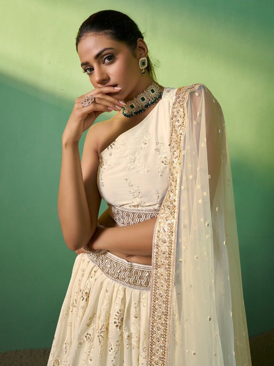 Cream Embrodiered Georgette One Shoulder Party Lehenga with Dupatta