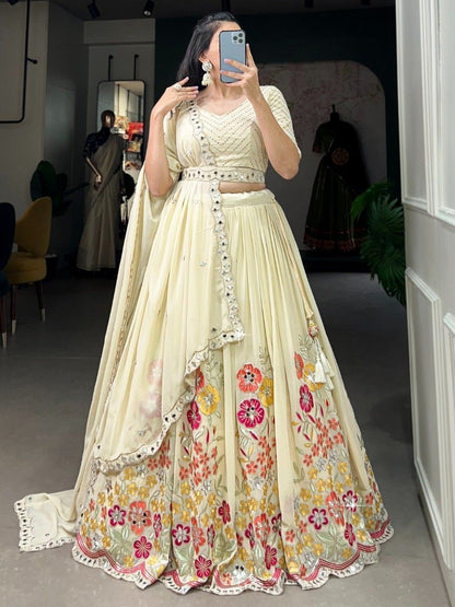 Buy Cream Sequins and Floral Embroidered Georgette Lehenga Choli Online - AllThingsAboutWedding