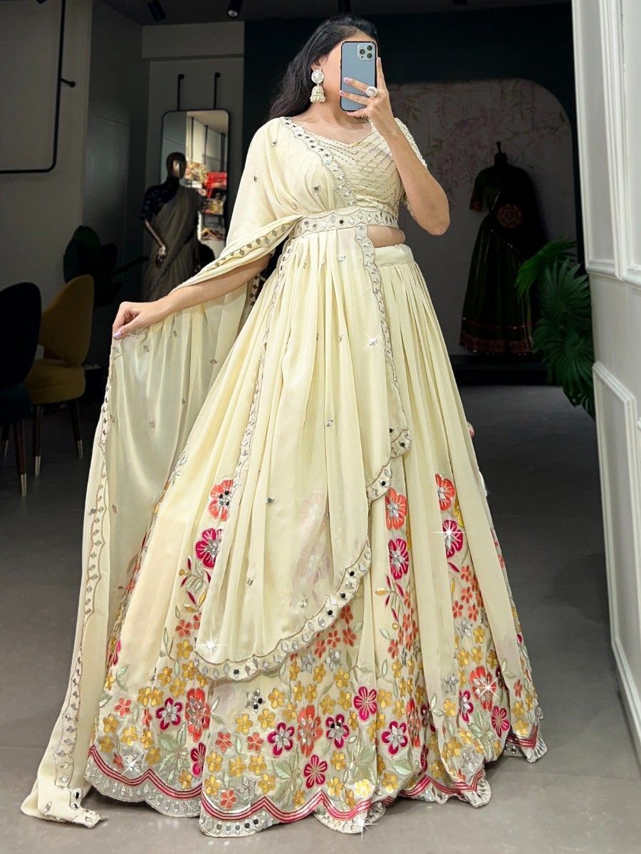 Cream Sequins and Floral Embroidered Georgette Lehenga Choli with Dupatta