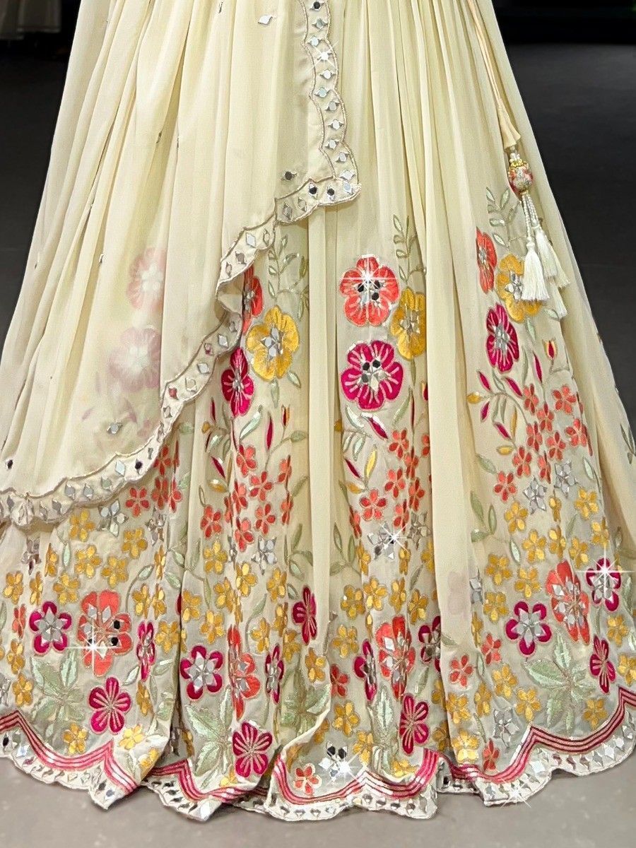 Cream Georgette Lehenga Choli - Floral Embrodiery