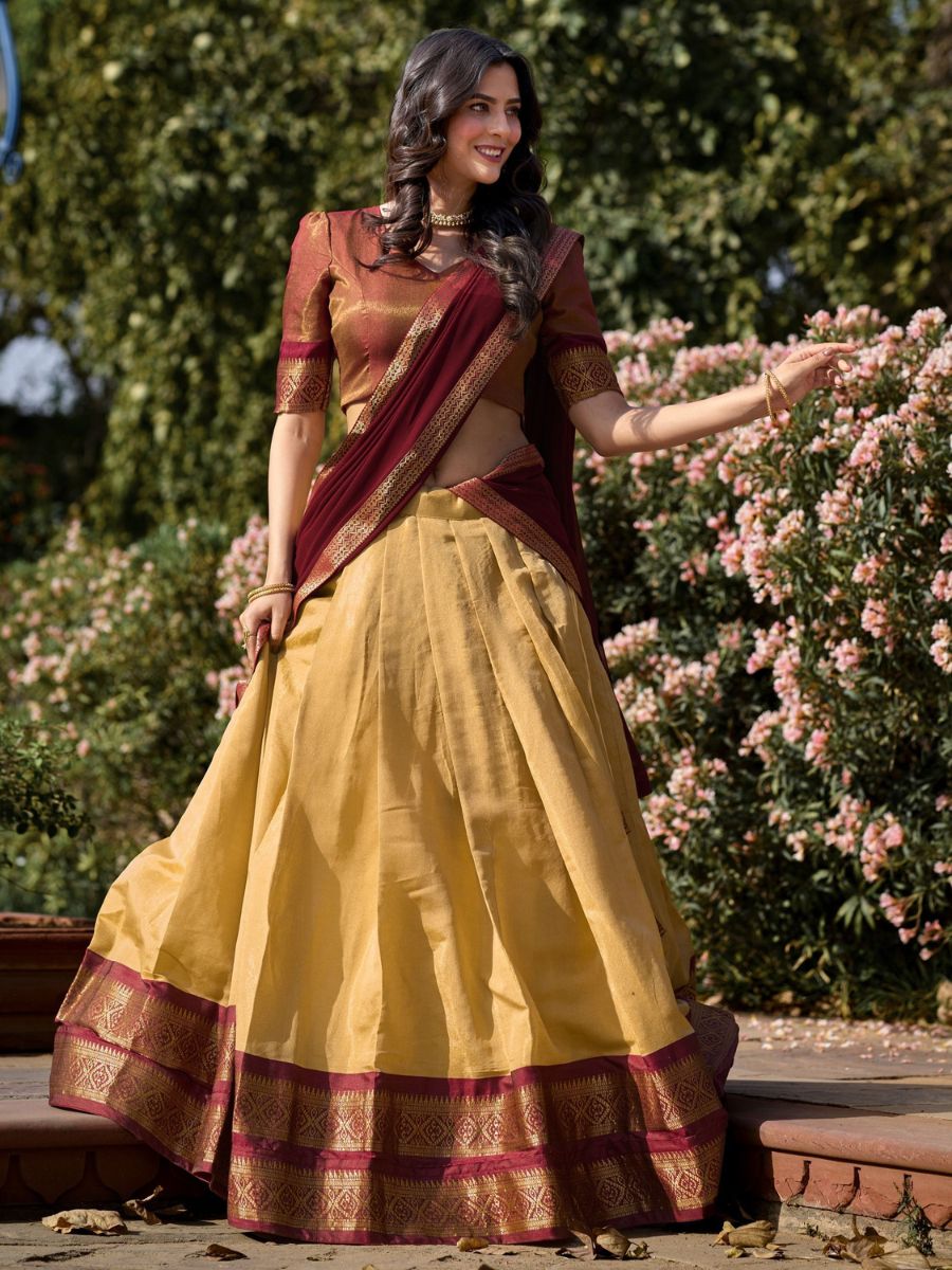 Cream and Maroon Kanchipuram Silk Half Lehenga Saree