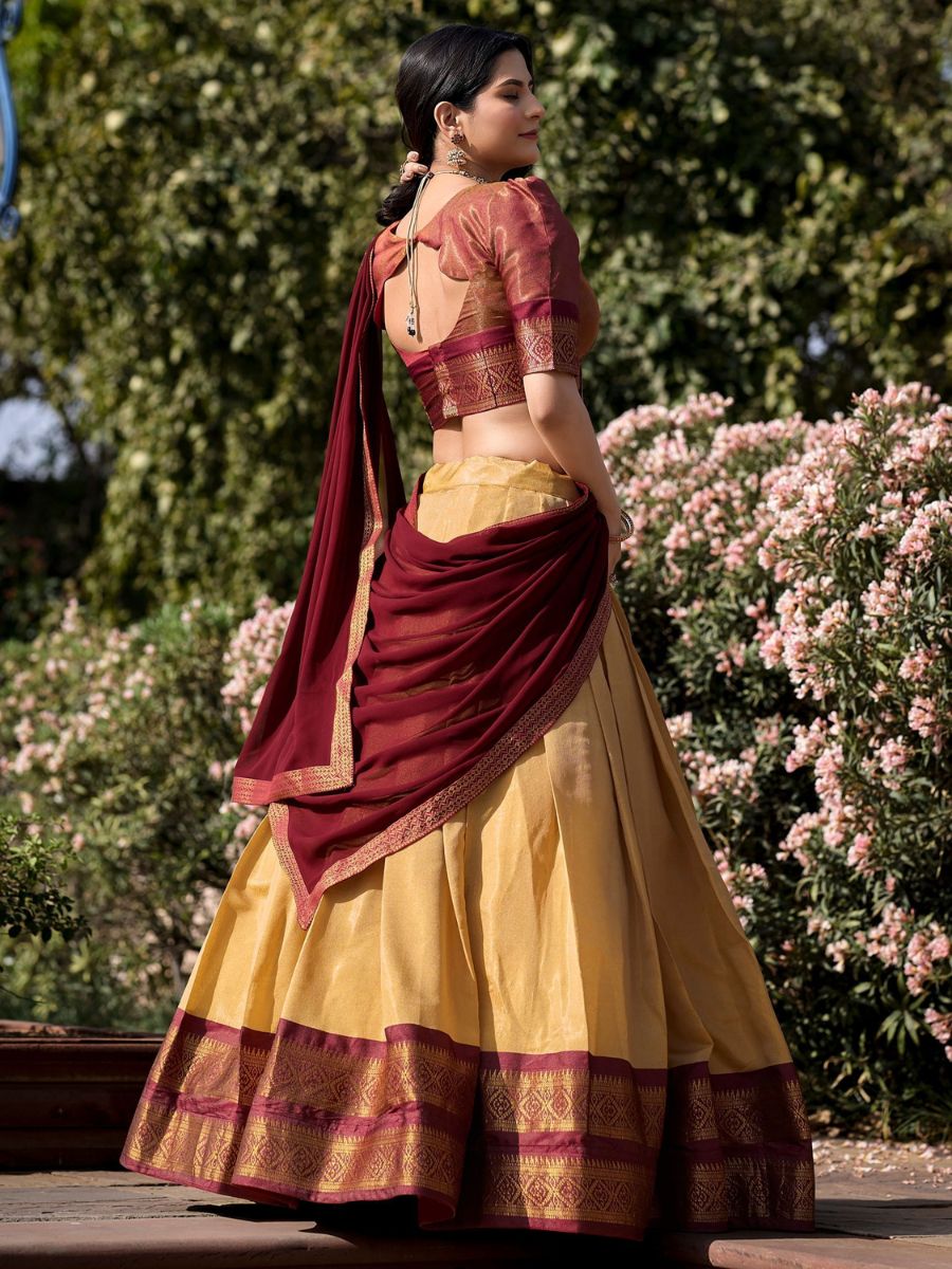 Cream and Maroon Kanchipuram Silk Half Lehenga Saree - Back Side