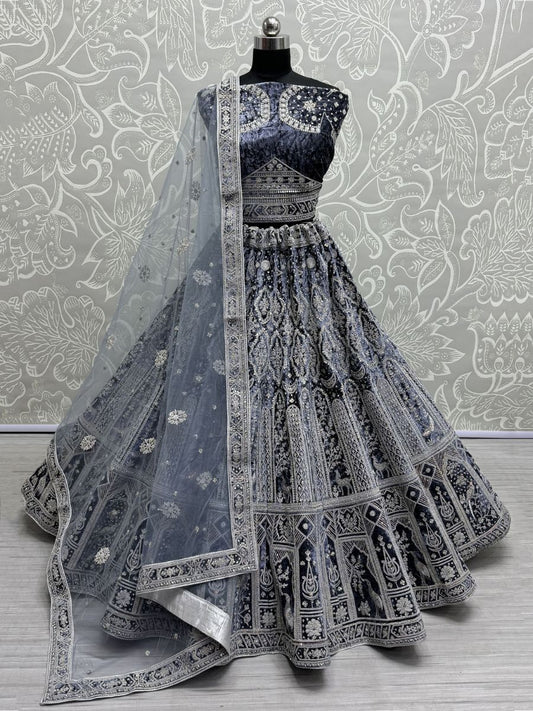 Buy Dark Blue Thread Work Velvet Bridal Wedding Lehenga Choli Online - AllThingsAboutWedding