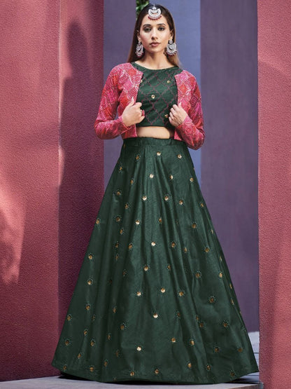 Buy Dark Green Embroidered Art Silk Crop Top Lehenga with Jacket Online - AllThingsAboutWedding