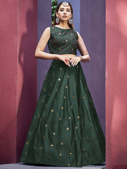 Dark Green Embroidered Art Silk Crop Top Lehenga with Jacket