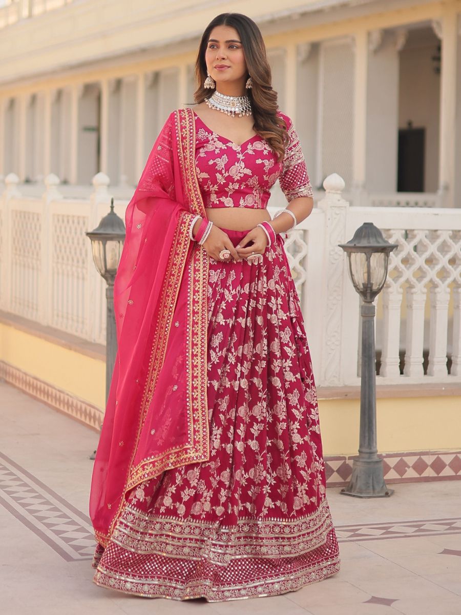 Buy Dark Pink Banarasi Jacquard Wedding Silk Lehenga Choli Online - AllThingsAboutWedding