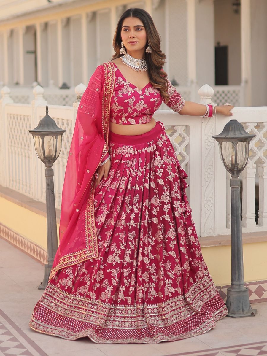 Dark Pink Banarasi Jacquard Wedding Silk Lehenga Choli - Flair