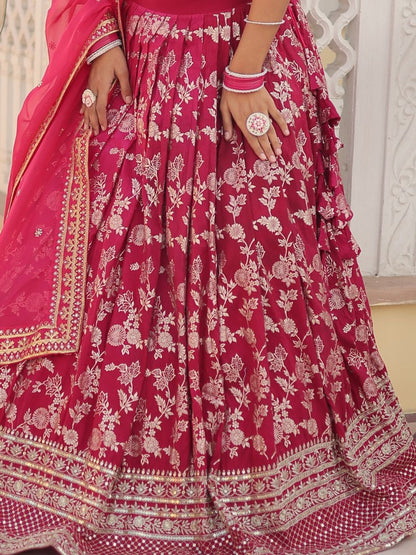 Dark Pink Banarasi Wedding Silk Lehenga Choli - Jacquard Fabric & Embroidery