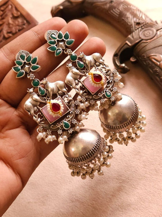 Buy Designer Green and Pink Big Oxidised Silver Jhumka Earrings - TheJewelbox